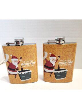Up On The Rooftop Santa Stainless Steel Hip Flask Set of 2 4 oz Each